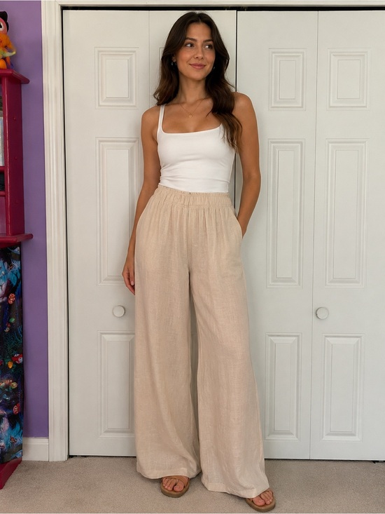 H&M Pants - H&M Neutral Beige Wide-Leg Linen-Blend Pants